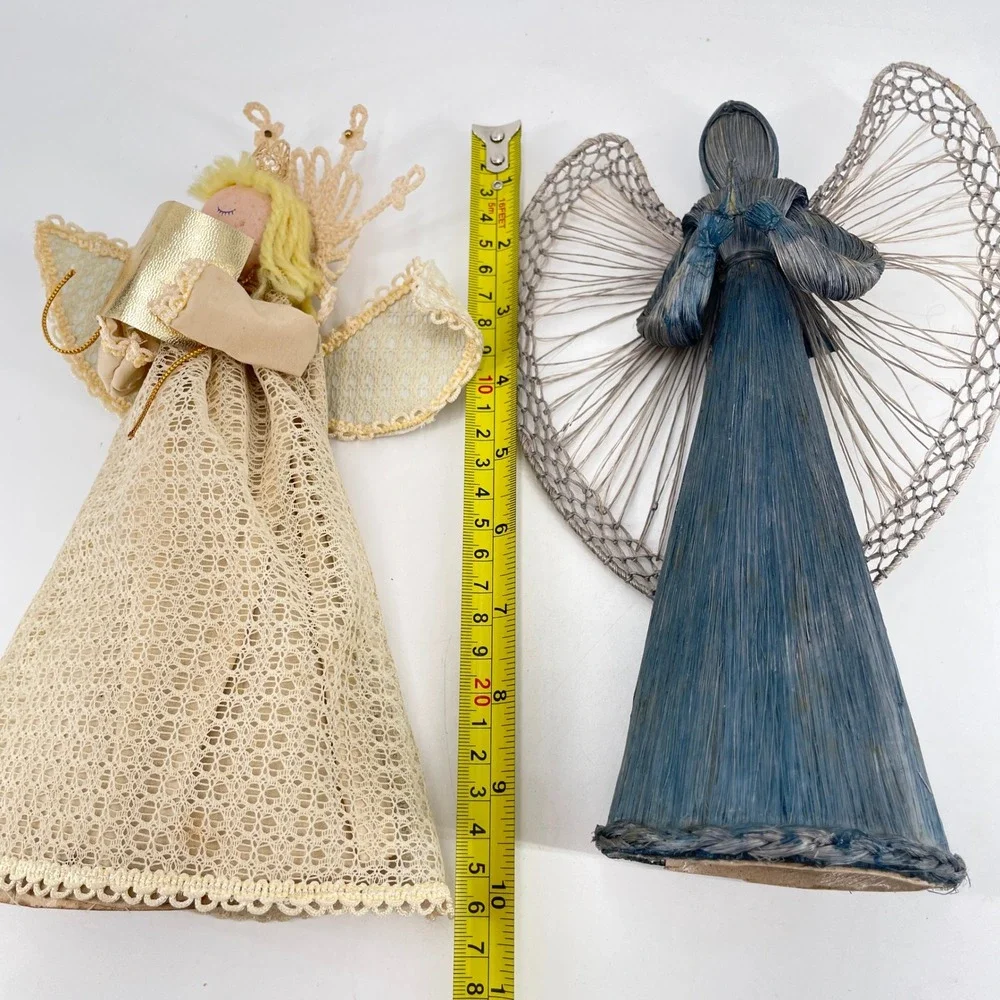 Vintage Angel Christmas Decor Set Lace Sisal Straw Figures Wooden Ornaments 6pc